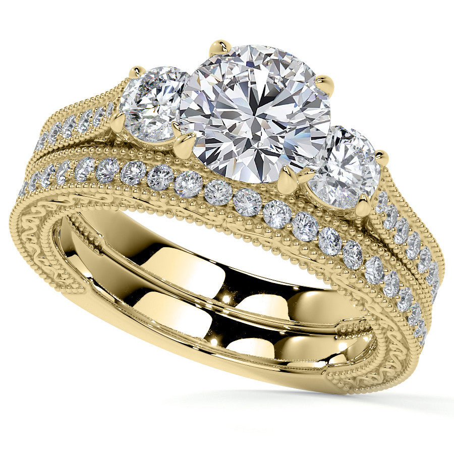 Round Three Stone Milgrain Moissanite Engagement Ring with Scroll