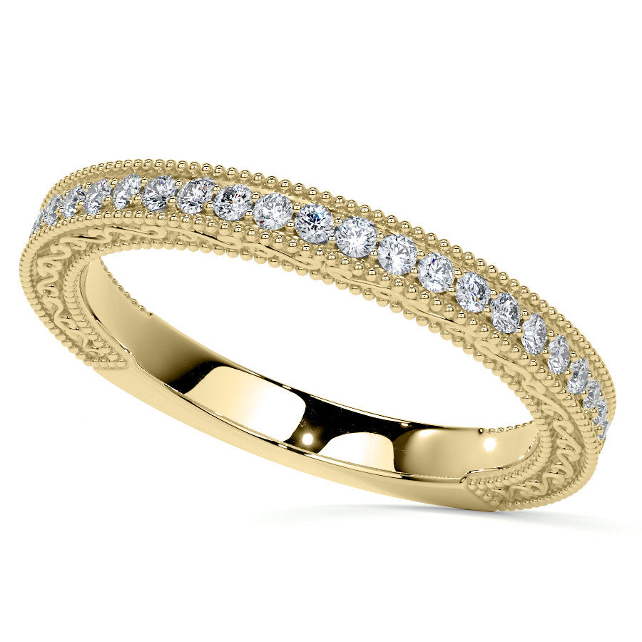 Round Three Stone Milgrain Moissanite Engagement Ring with Scroll