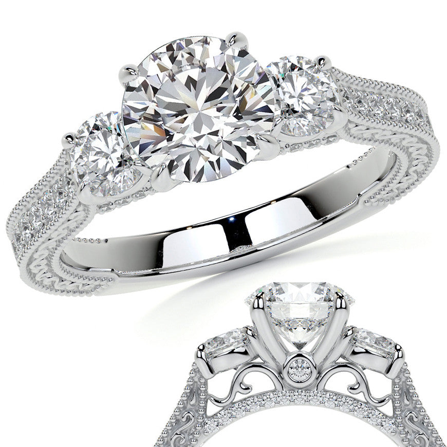 Round Three Stone Milgrain Moissanite Engagement Ring with Scroll