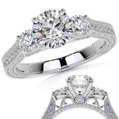 Round Three Stone Milgrain Moissanite Engagement Ring with Scroll