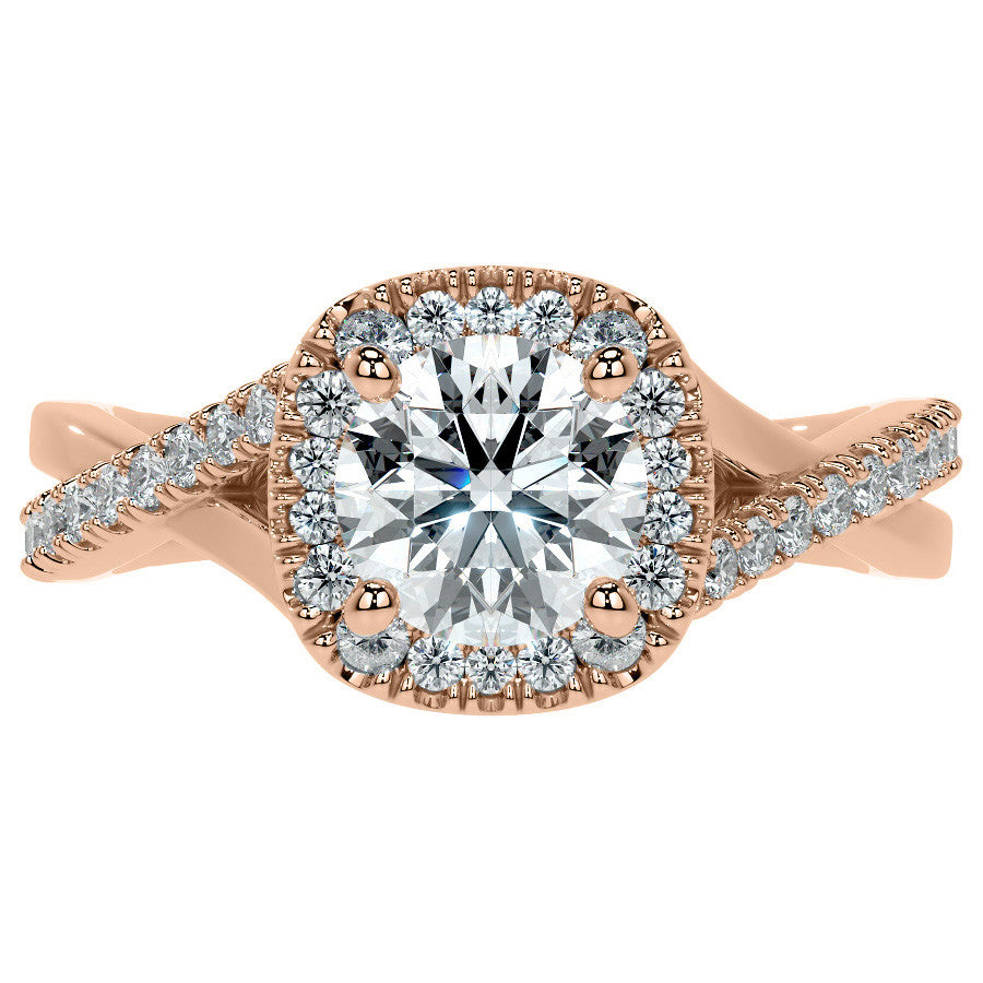 Bypass Halo Style Round Split Shank Moissanite Engagement Ring