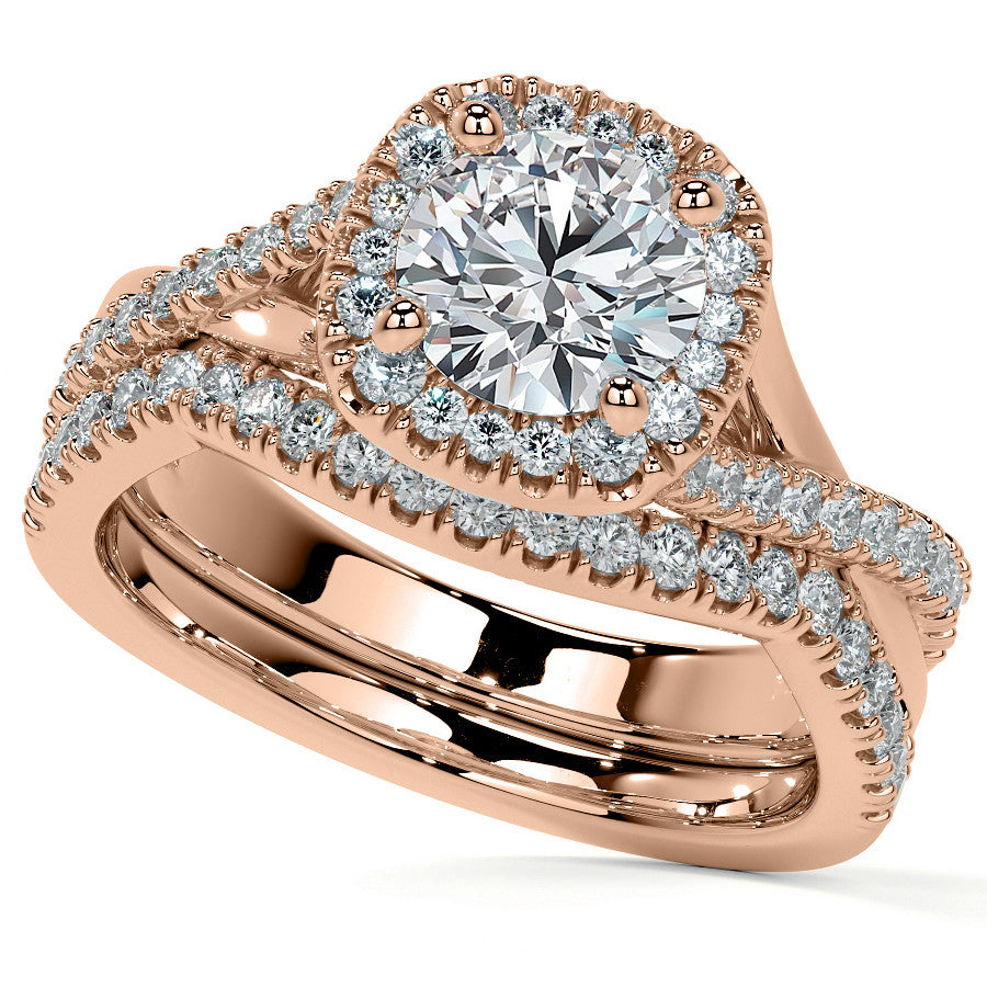 Bypass Halo Style Round Split Shank Moissanite Engagement Ring