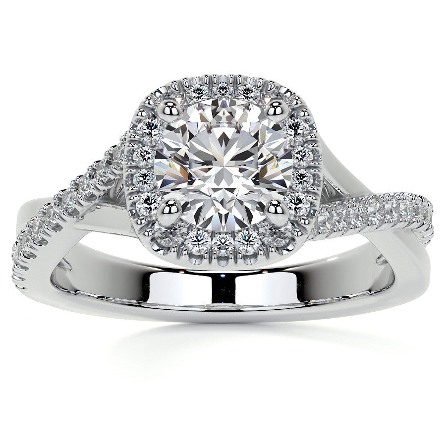 Bypass Halo Style Round Split Shank Moissanite Engagement Ring