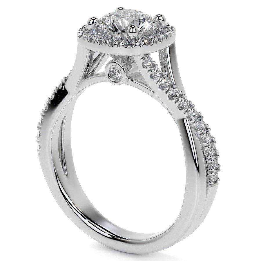 Bypass Halo Style Round Split Shank Moissanite Engagement Ring