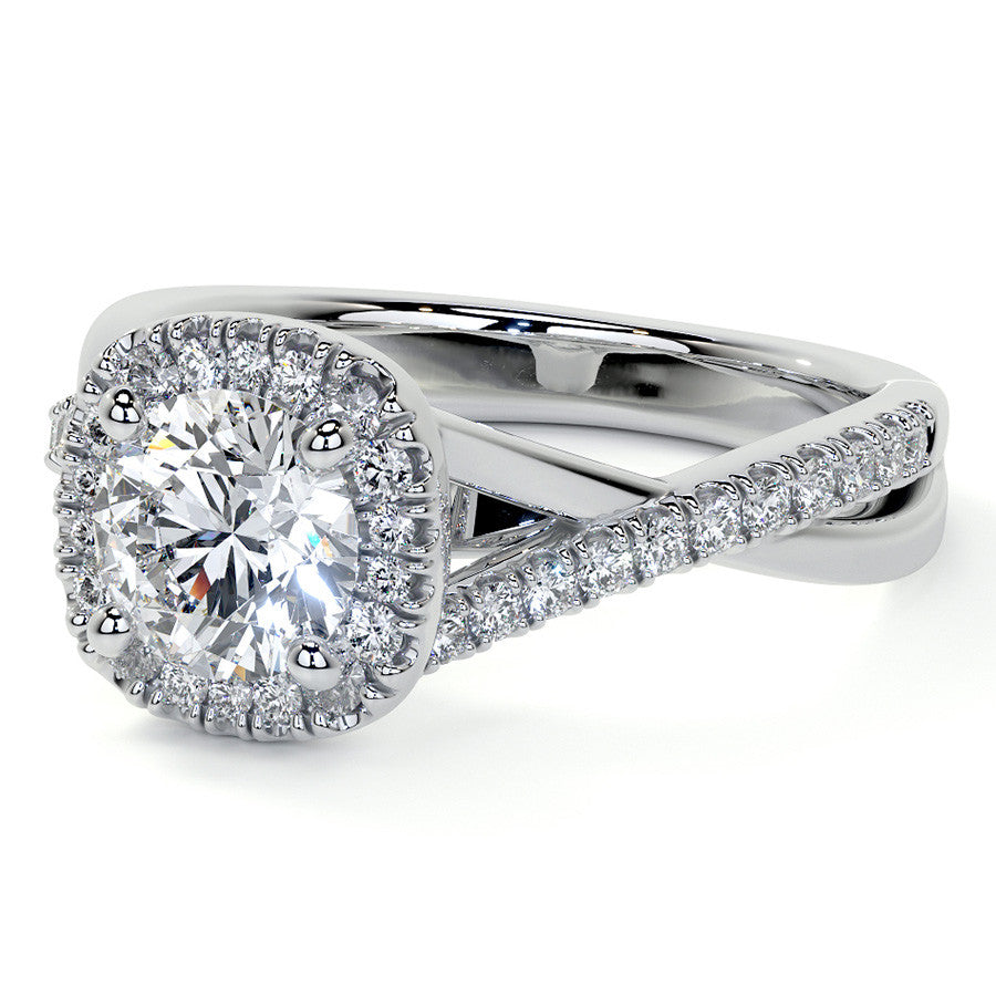 Bypass Halo Style Round Split Shank Moissanite Engagement Ring