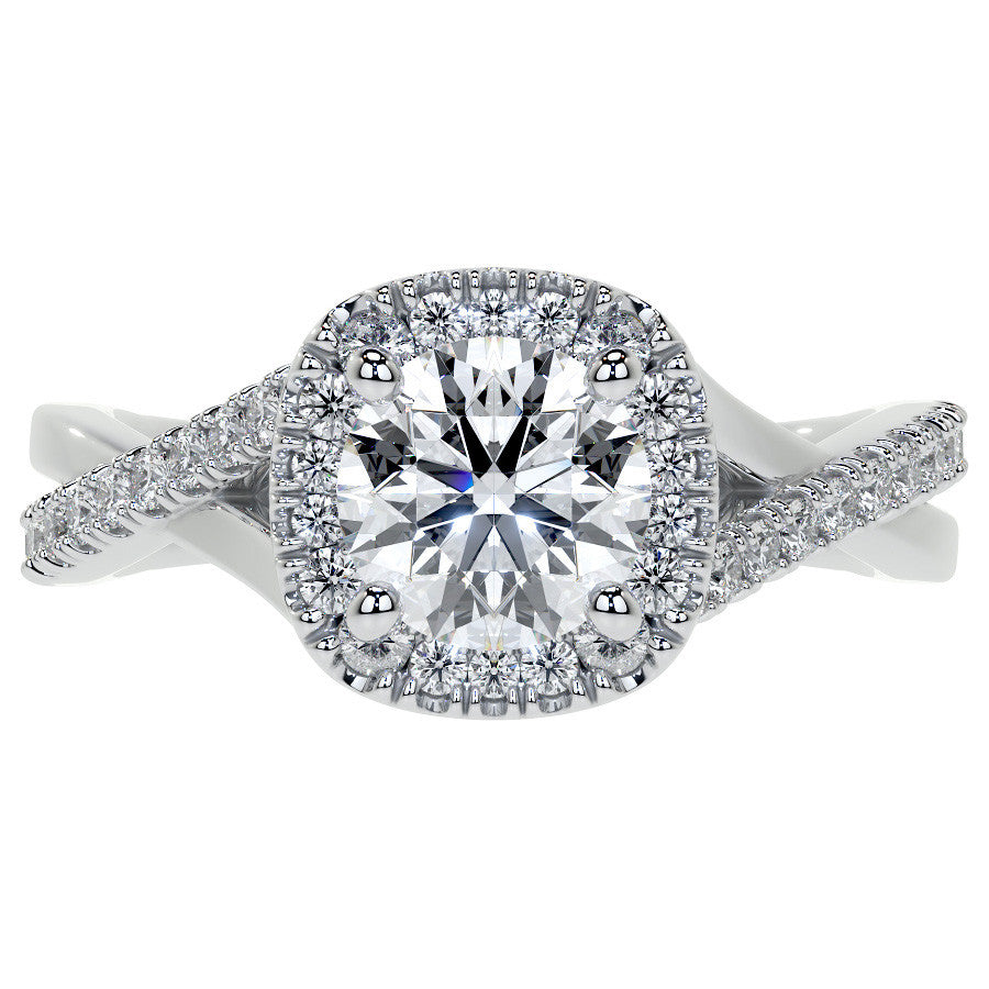 Bypass Halo Style Round Split Shank Moissanite Engagement Ring