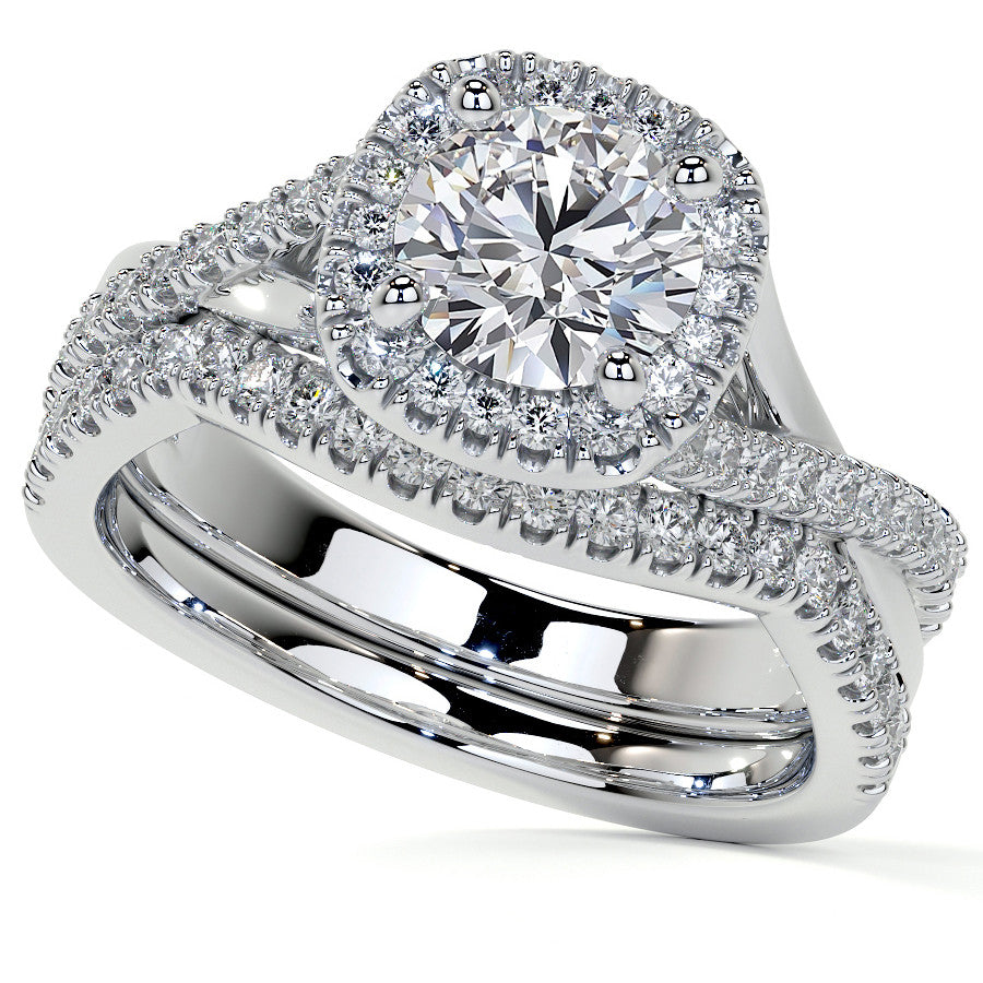 Bypass Halo Style Round Split Shank Moissanite Engagement Ring