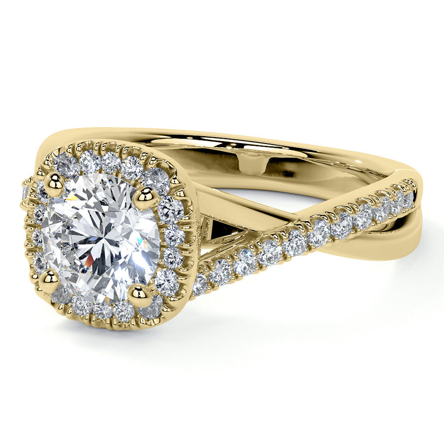 Bypass Halo Style Round Split Shank Moissanite Engagement Ring