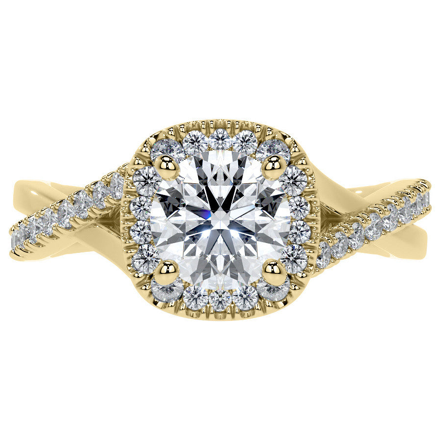 Bypass Halo Style Round Split Shank Moissanite Engagement Ring