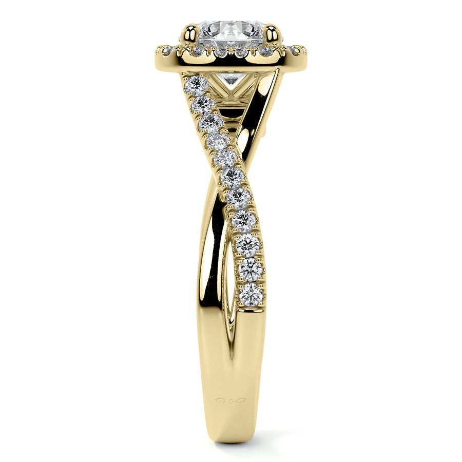 Bypass Halo Style Round Split Shank Moissanite Engagement Ring