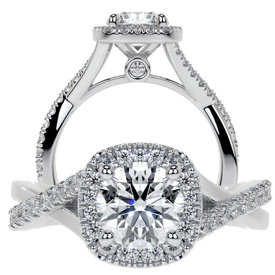 Bypass Halo Style Round Split Shank Moissanite Engagement Ring