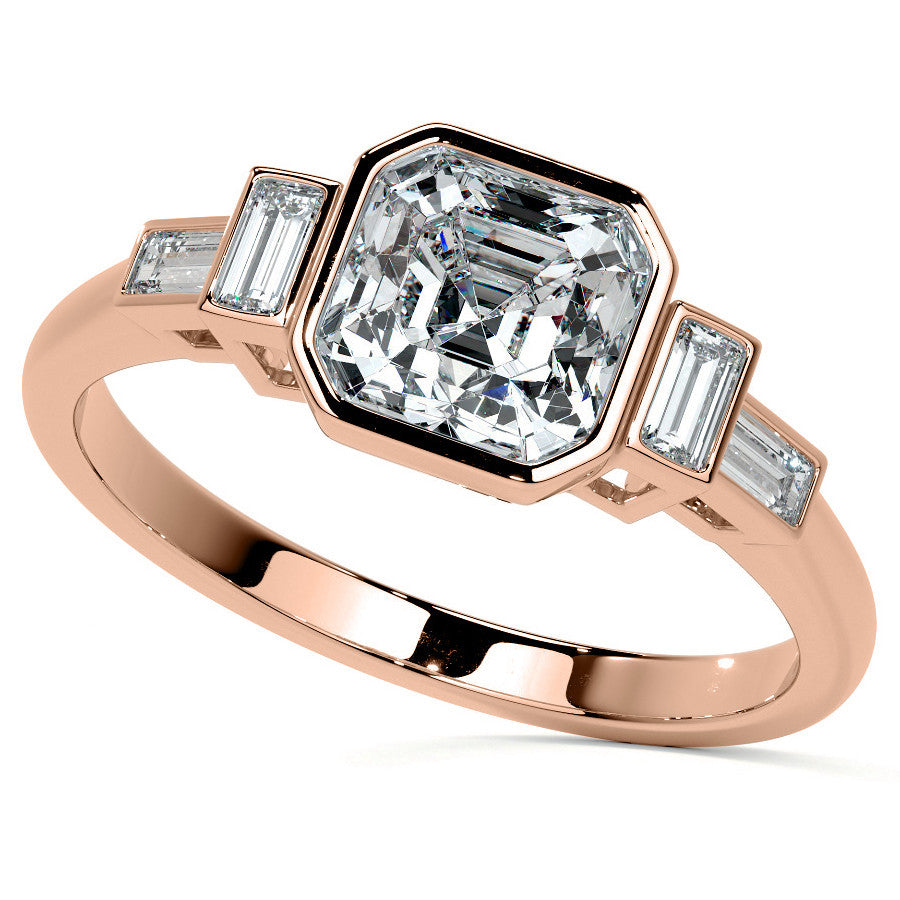 Asscher and Baguette Bezel Moissanite Engagement Ring