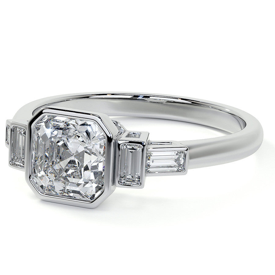 Asscher and Baguette Bezel Moissanite Engagement Ring