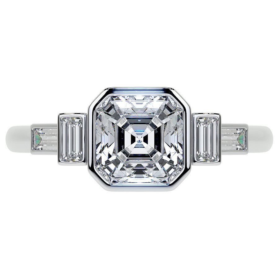 Asscher and Baguette Bezel Moissanite Engagement Ring