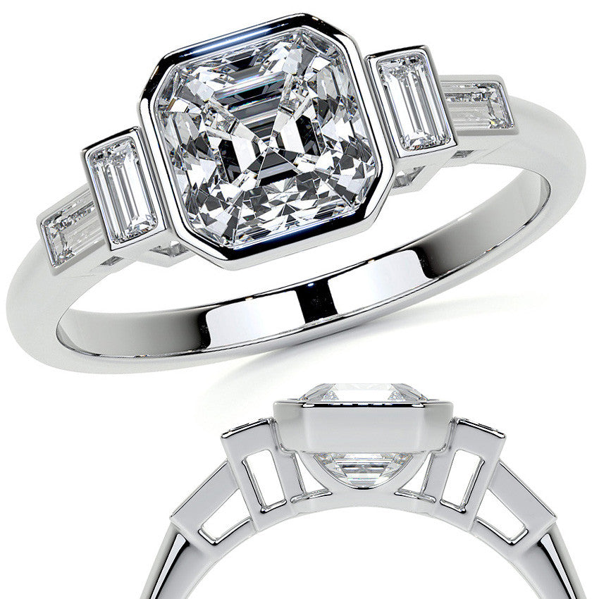 Asscher and Baguette Bezel Moissanite Engagement Ring