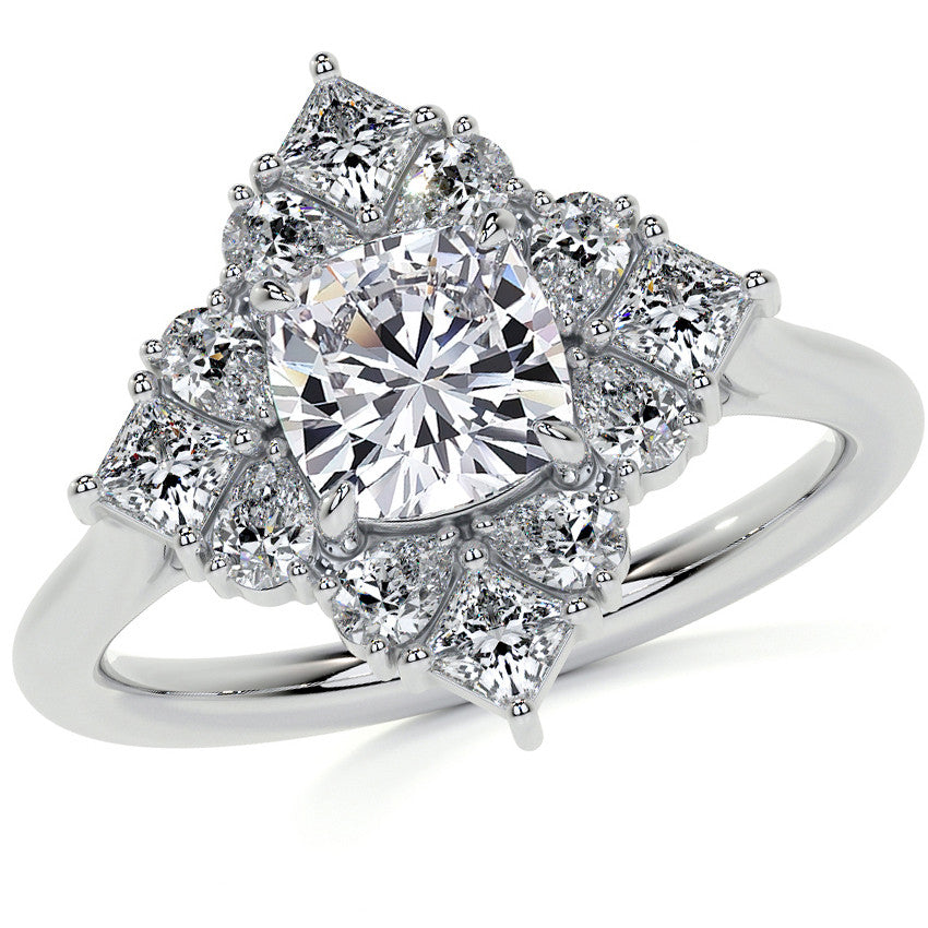 Cushion Petal Inspired Halo Moissanite Cathedral Engagement Ring