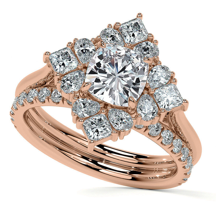 Cushion Petal Inspired Halo Moissanite Cathedral Engagement Ring