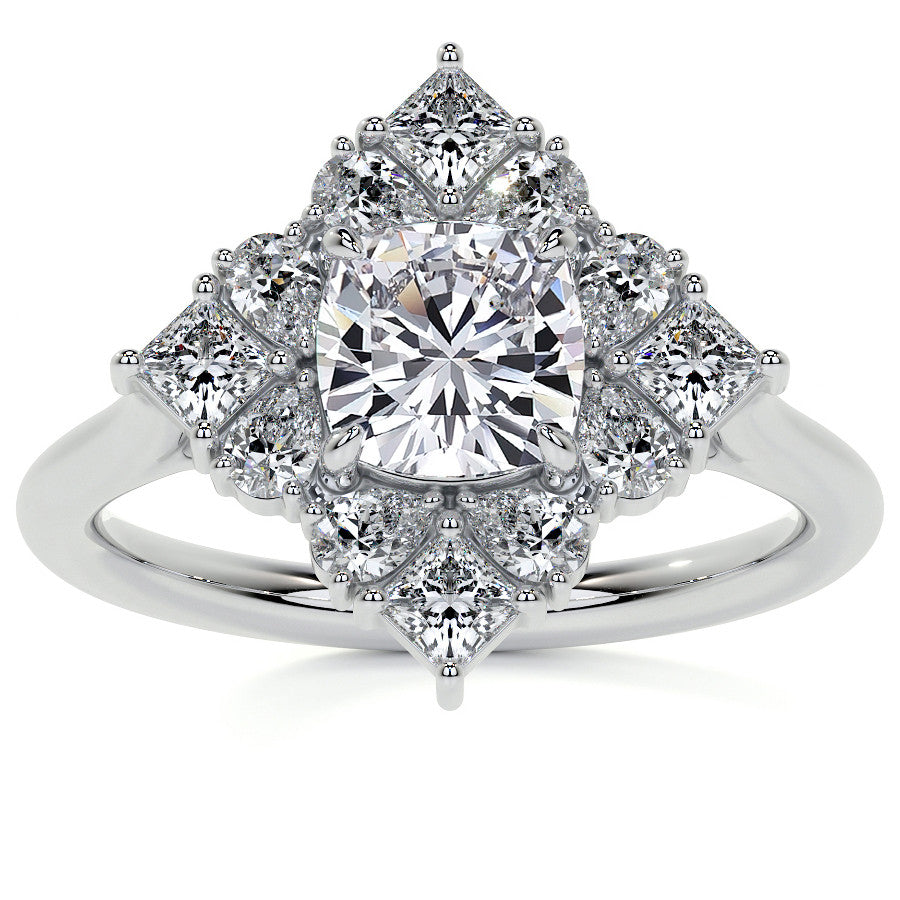 Cushion Petal Inspired Halo Moissanite Cathedral Engagement Ring