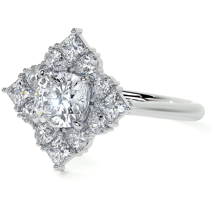 Cushion Petal Inspired Halo Moissanite Cathedral Engagement Ring