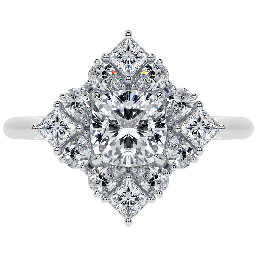 Cushion Petal Inspired Halo Moissanite Cathedral Engagement Ring