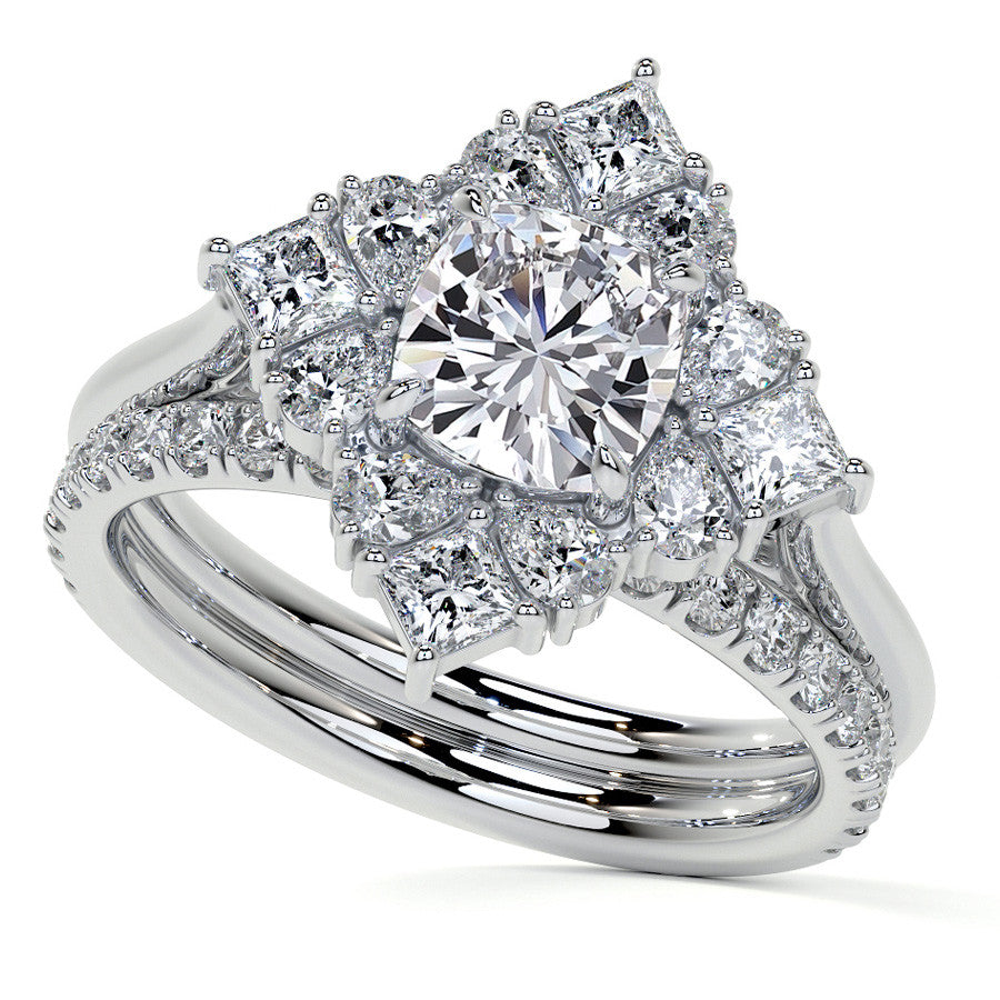 Cushion Petal Inspired Halo Moissanite Cathedral Engagement Ring