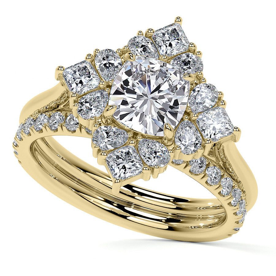 Cushion Petal Inspired Halo Moissanite Cathedral Engagement Ring