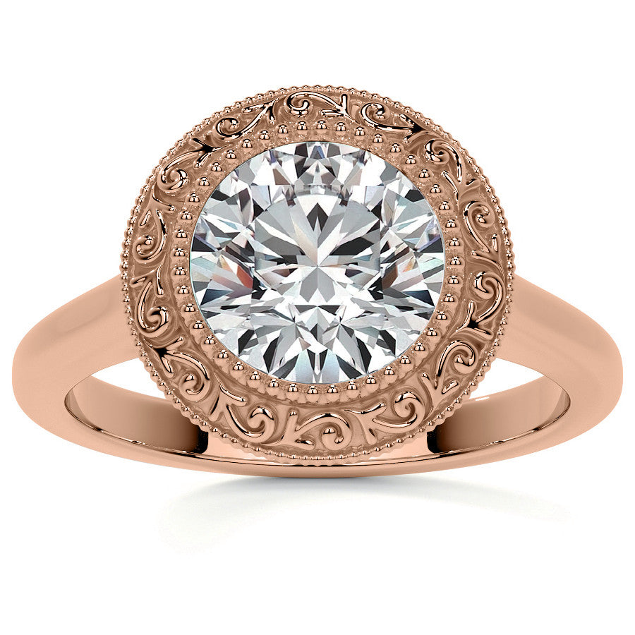 Round Engraved Halo Moissanite Engagement Ring with Milgrain