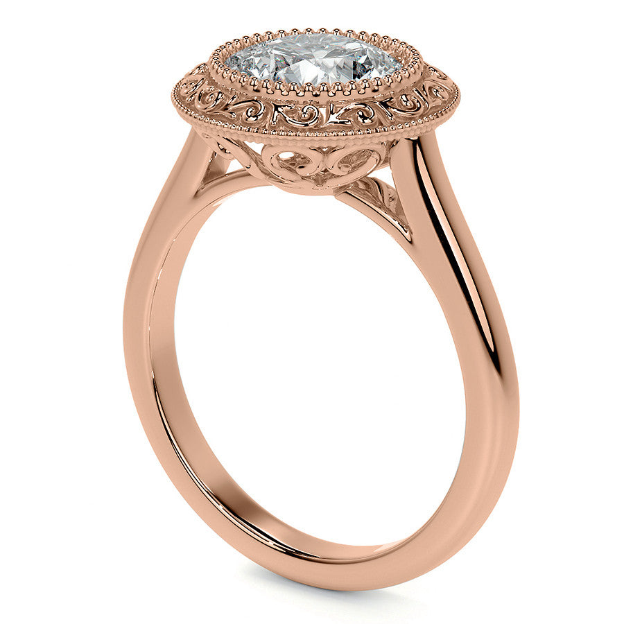 Round Engraved Halo Moissanite Engagement Ring with Milgrain