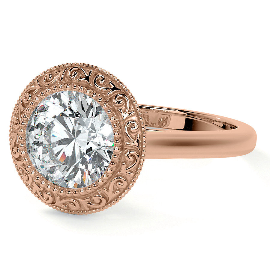 Round Engraved Halo Moissanite Engagement Ring with Milgrain