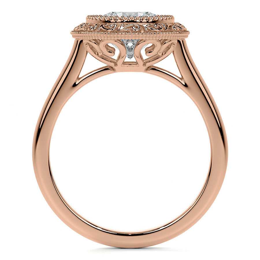 Round Engraved Halo Moissanite Engagement Ring with Milgrain