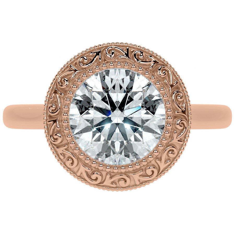 Round Engraved Halo Moissanite Engagement Ring with Milgrain