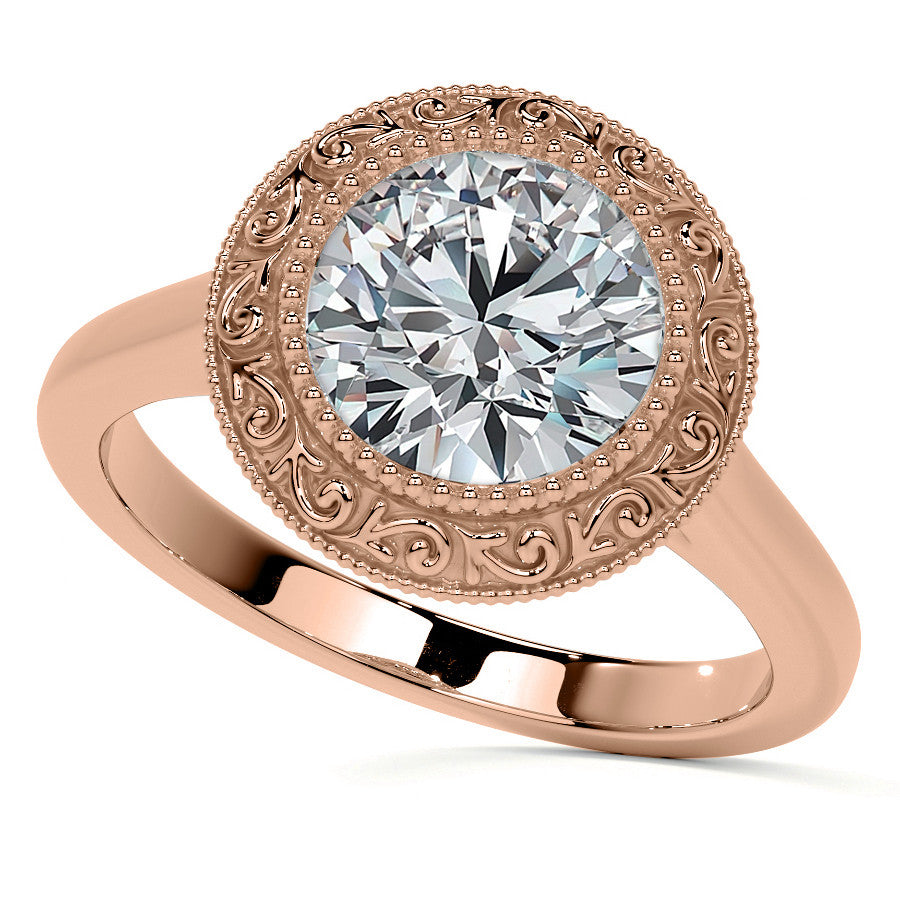 Round Engraved Halo Moissanite Engagement Ring with Milgrain
