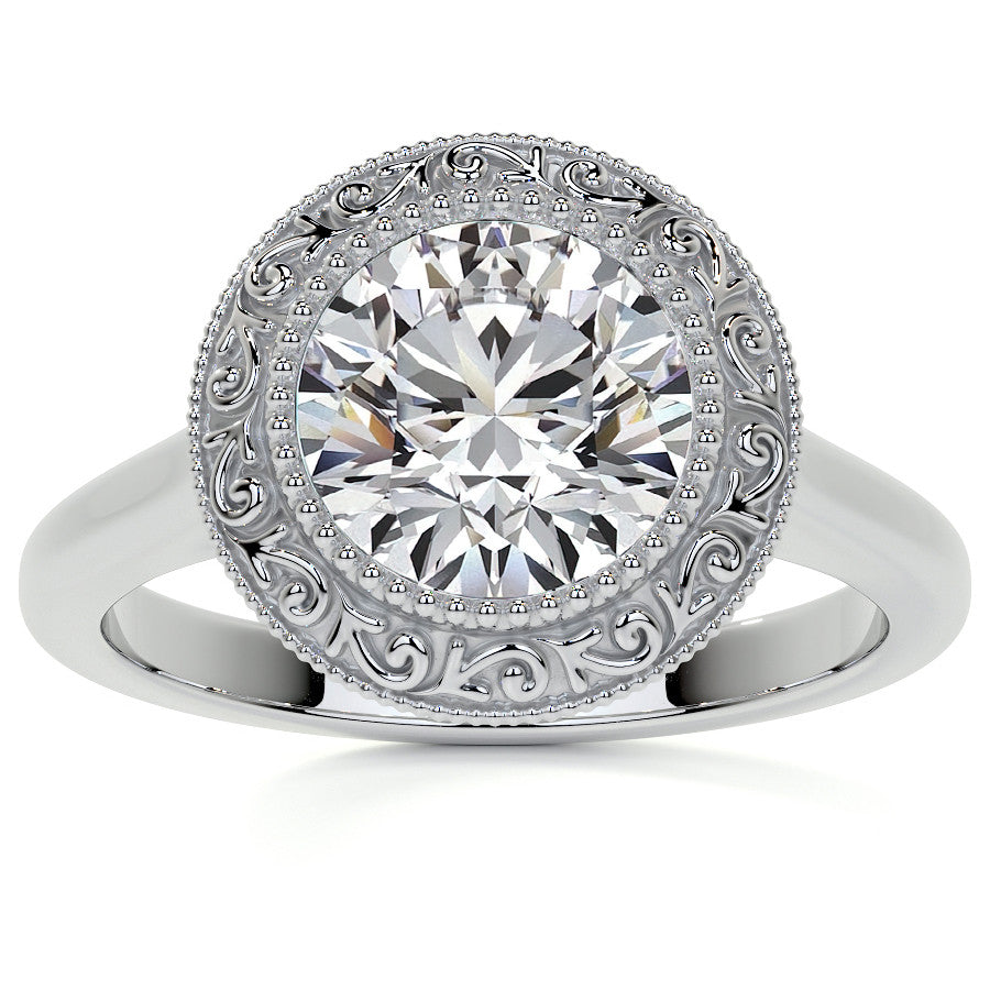 Round Engraved Halo Moissanite Engagement Ring with Milgrain