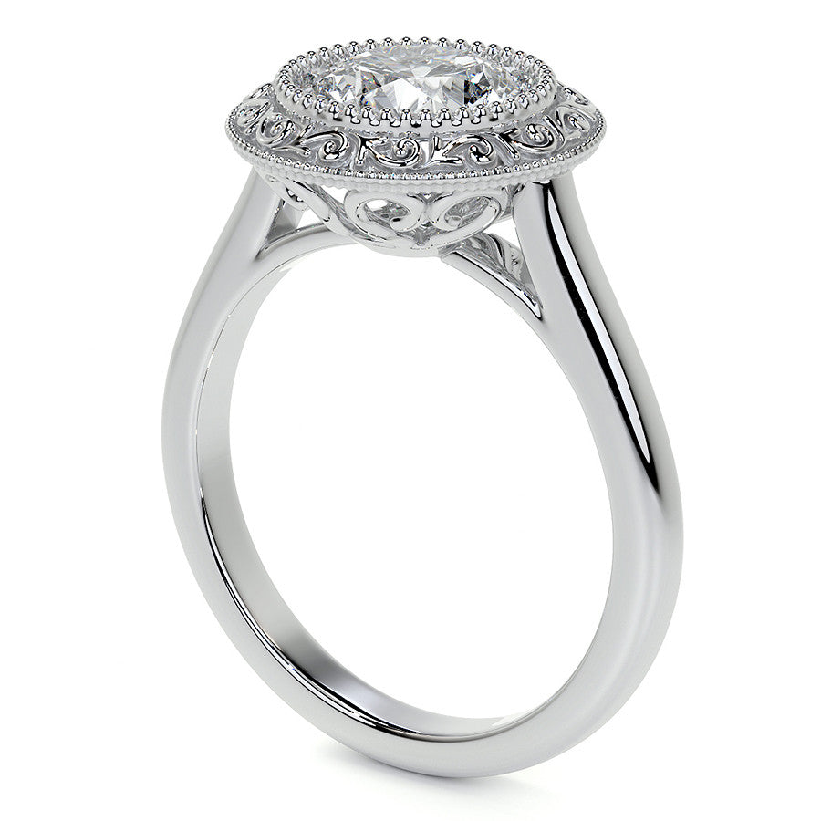 Round Engraved Halo Moissanite Engagement Ring with Milgrain