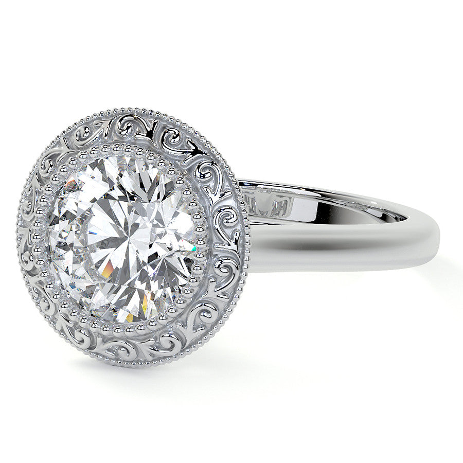 Round Engraved Halo Moissanite Engagement Ring with Milgrain