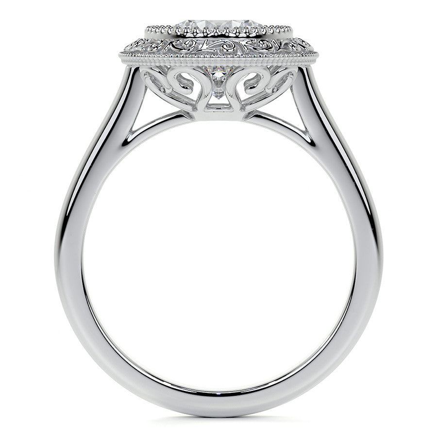 Round Engraved Halo Moissanite Engagement Ring with Milgrain