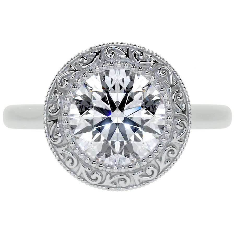 Round Engraved Halo Moissanite Engagement Ring with Milgrain
