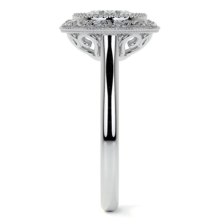 Round Engraved Halo Moissanite Engagement Ring with Milgrain