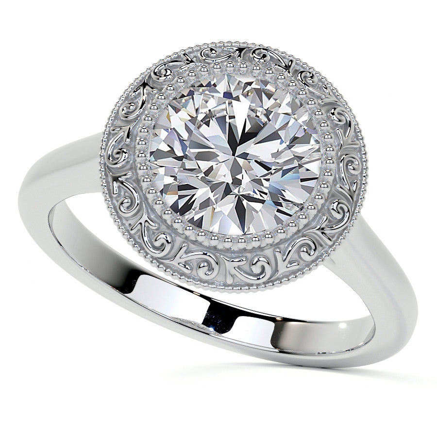 Round Engraved Halo Moissanite Engagement Ring with Milgrain