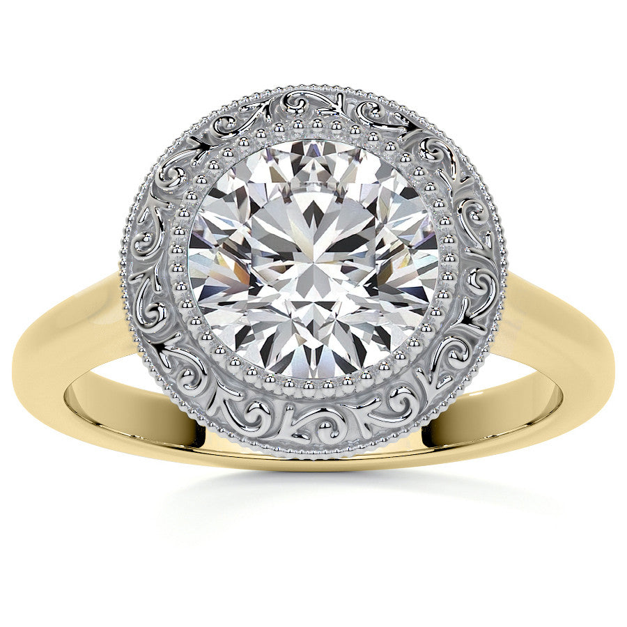 Round Engraved Halo Moissanite Engagement Ring with Milgrain