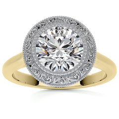 Round Engraved Halo Moissanite Engagement Ring with Milgrain