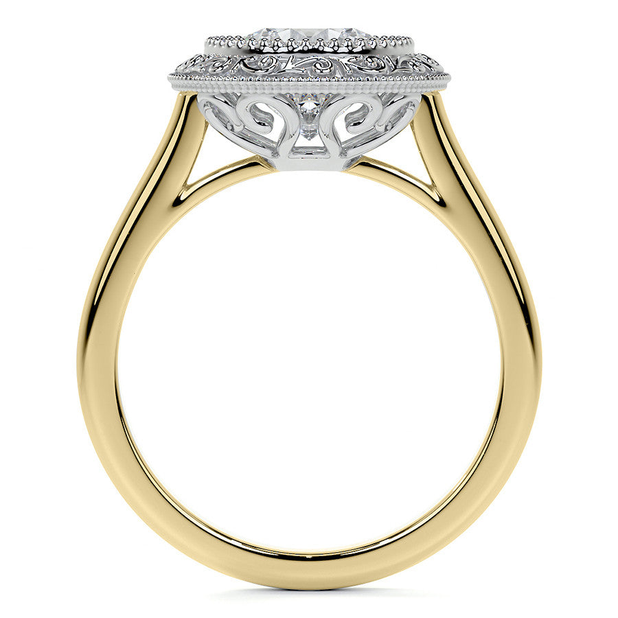 Round Engraved Halo Moissanite Engagement Ring with Milgrain