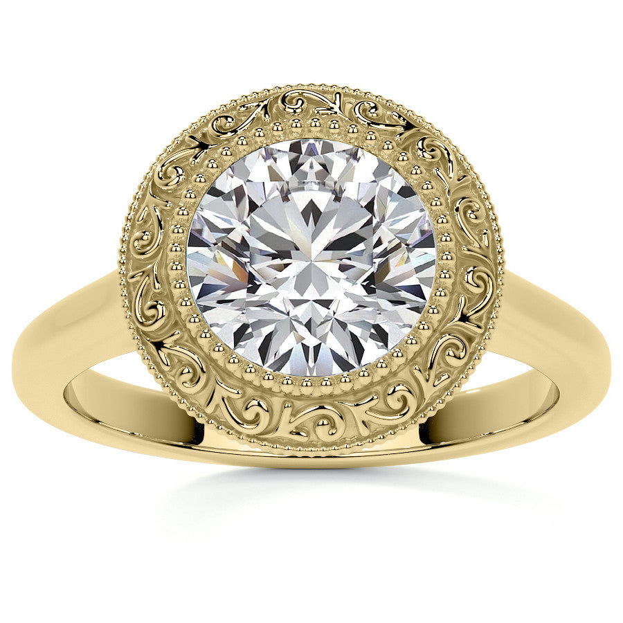 Round Engraved Halo Moissanite Engagement Ring with Milgrain