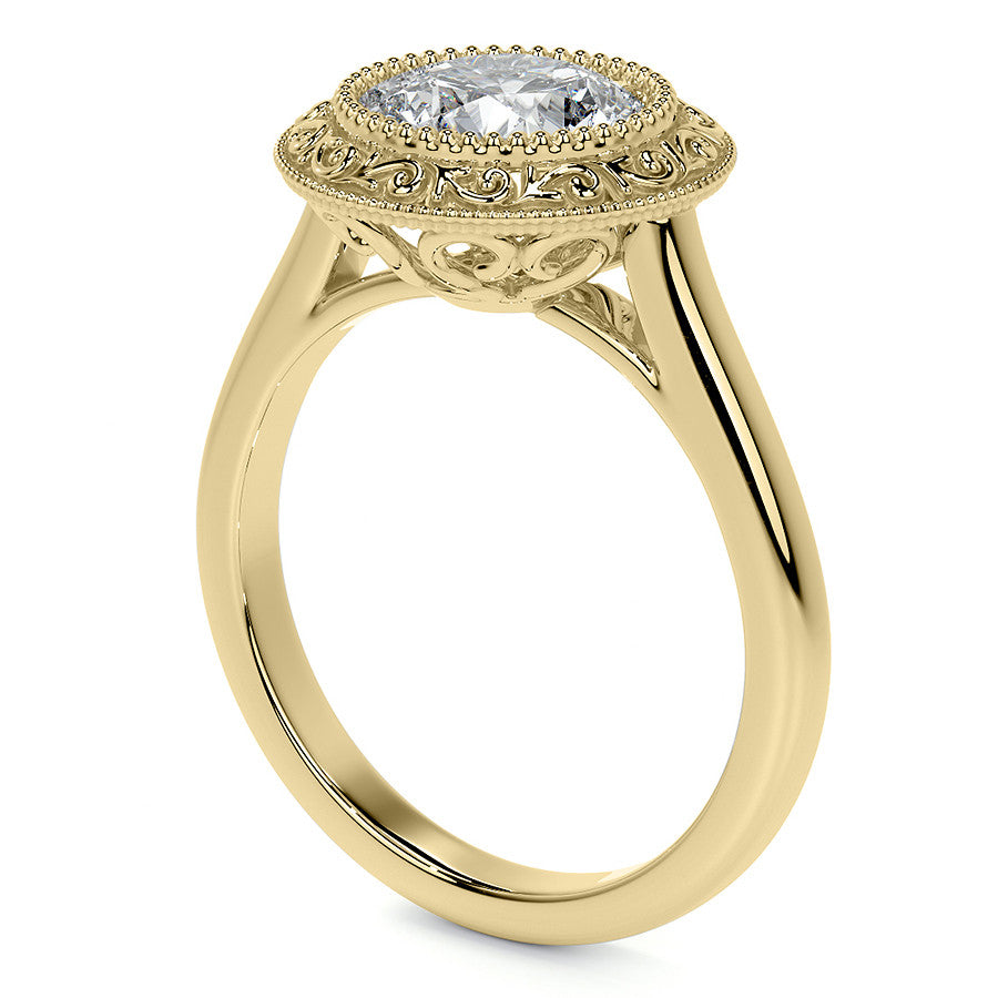 Round Engraved Halo Moissanite Engagement Ring with Milgrain