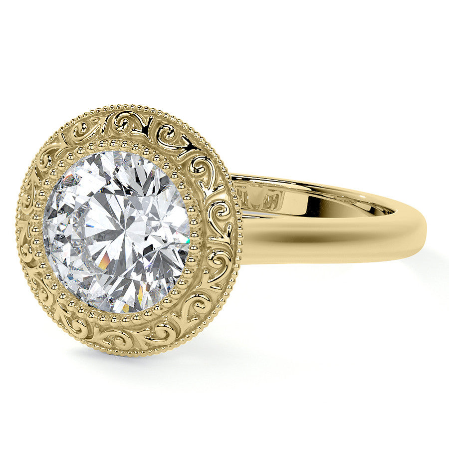 Round Engraved Halo Moissanite Engagement Ring with Milgrain