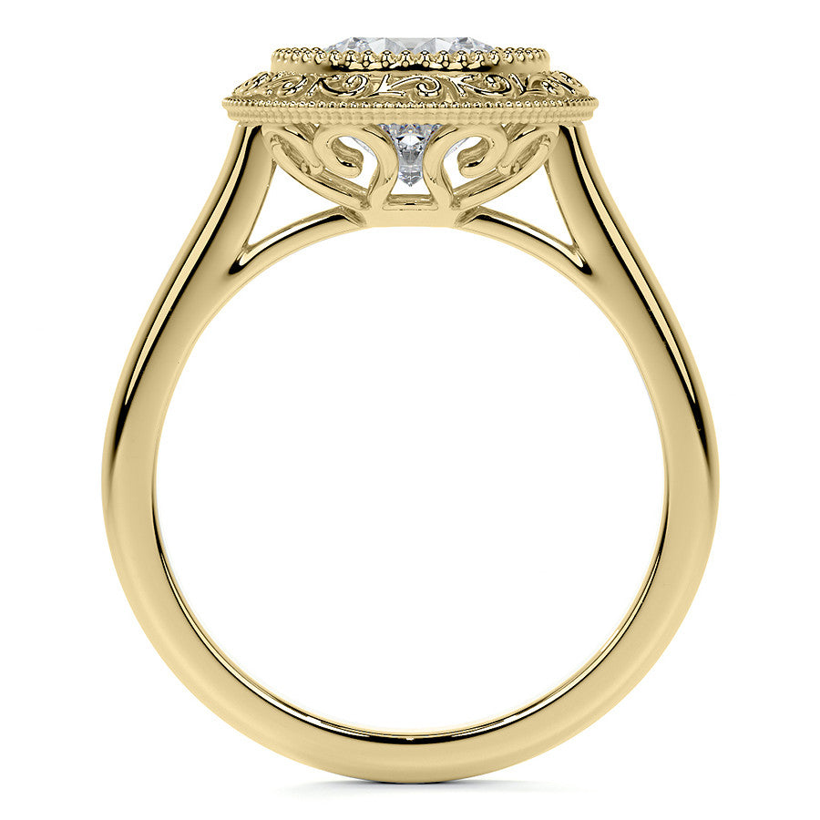 Round Engraved Halo Moissanite Engagement Ring with Milgrain