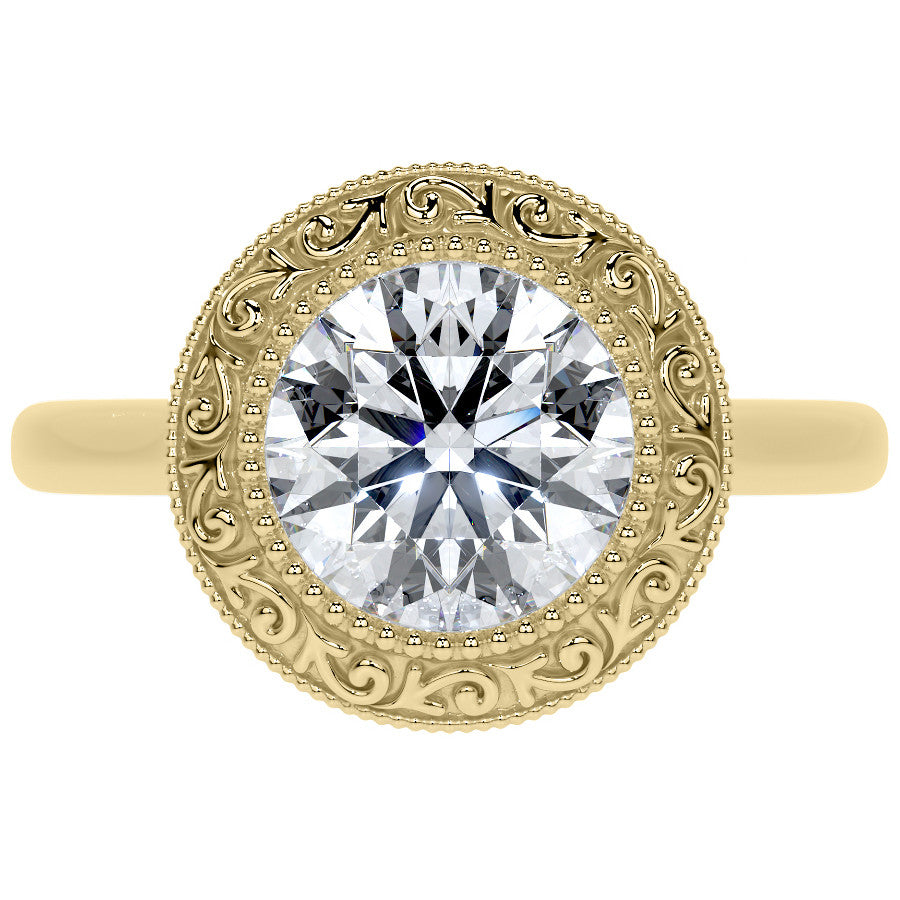 Round Engraved Halo Moissanite Engagement Ring with Milgrain
