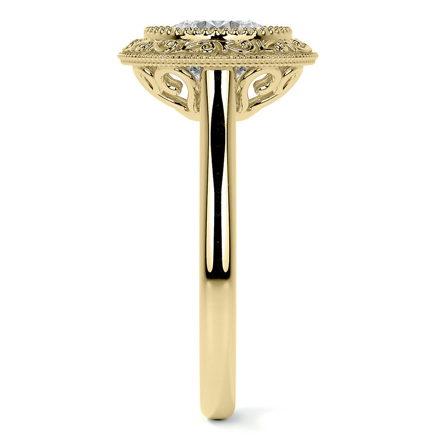 Round Engraved Halo Moissanite Engagement Ring with Milgrain