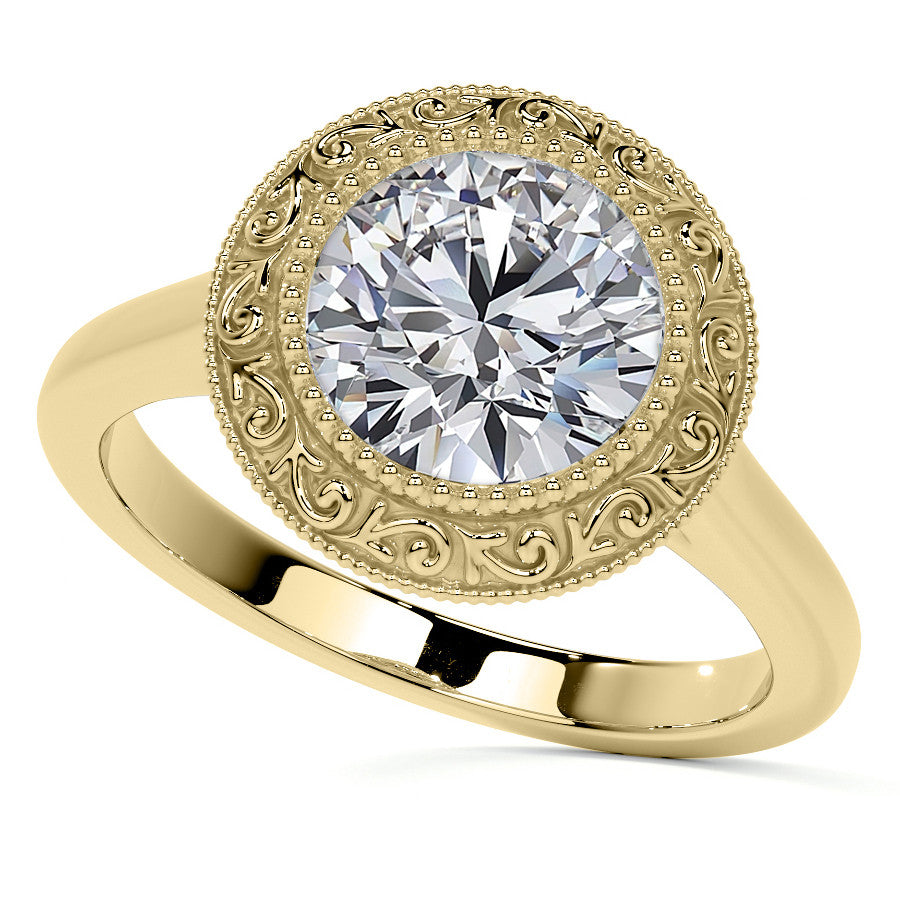 Round Engraved Halo Moissanite Engagement Ring with Milgrain