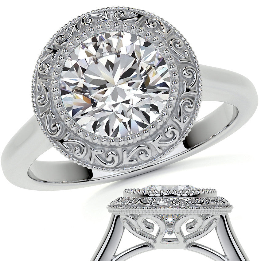 Round Engraved Halo Moissanite Engagement Ring with Milgrain